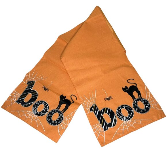 Dining Room Table Runner 68 x 14 Halloween Orange Black Embroidered Cat Spider - Picture 4 of 7
